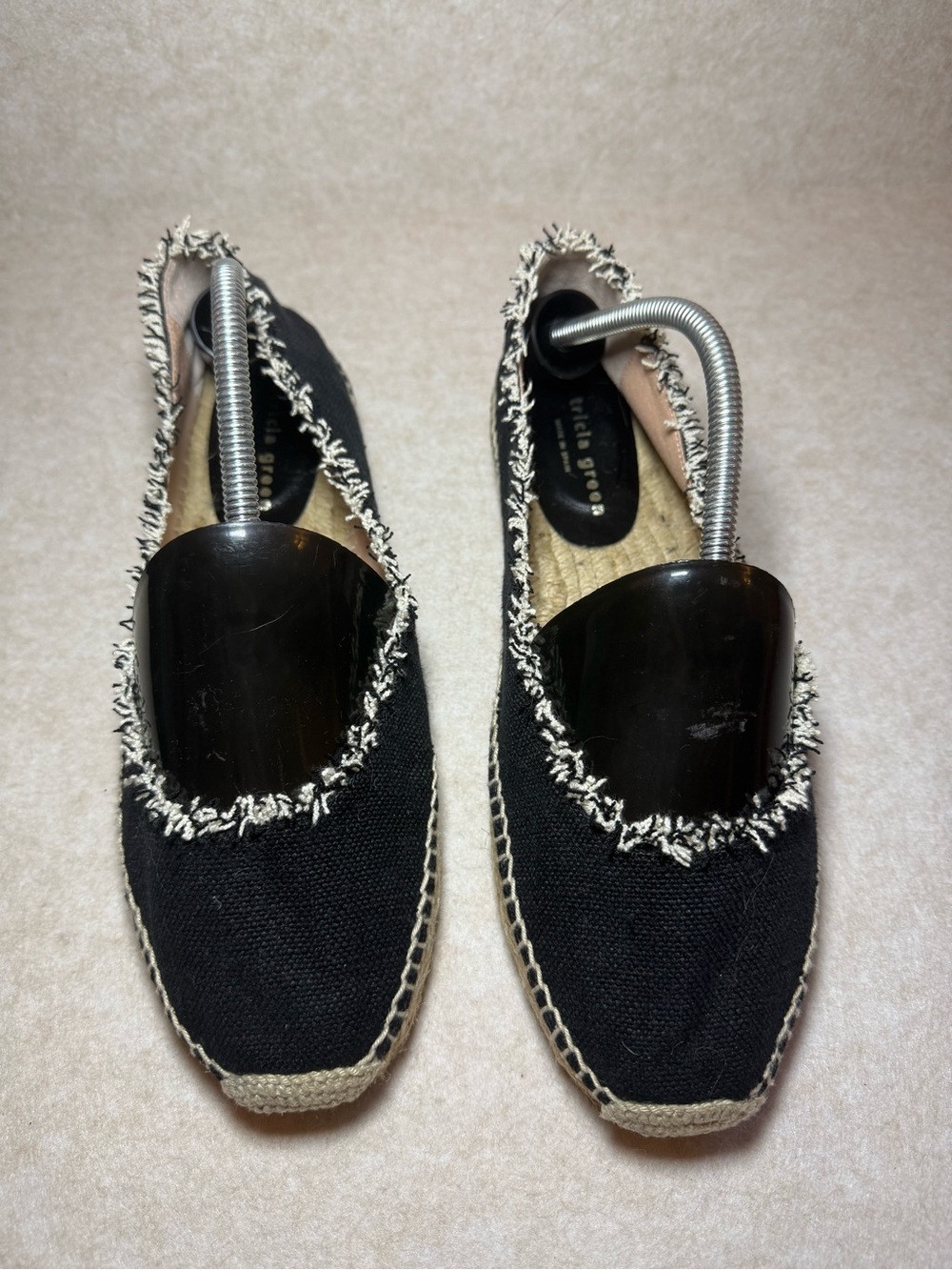 Patricia Green Black Tan Espadrille Mules Flats Loafers Frayed Trim Size US 10 - Picture 2 of 10